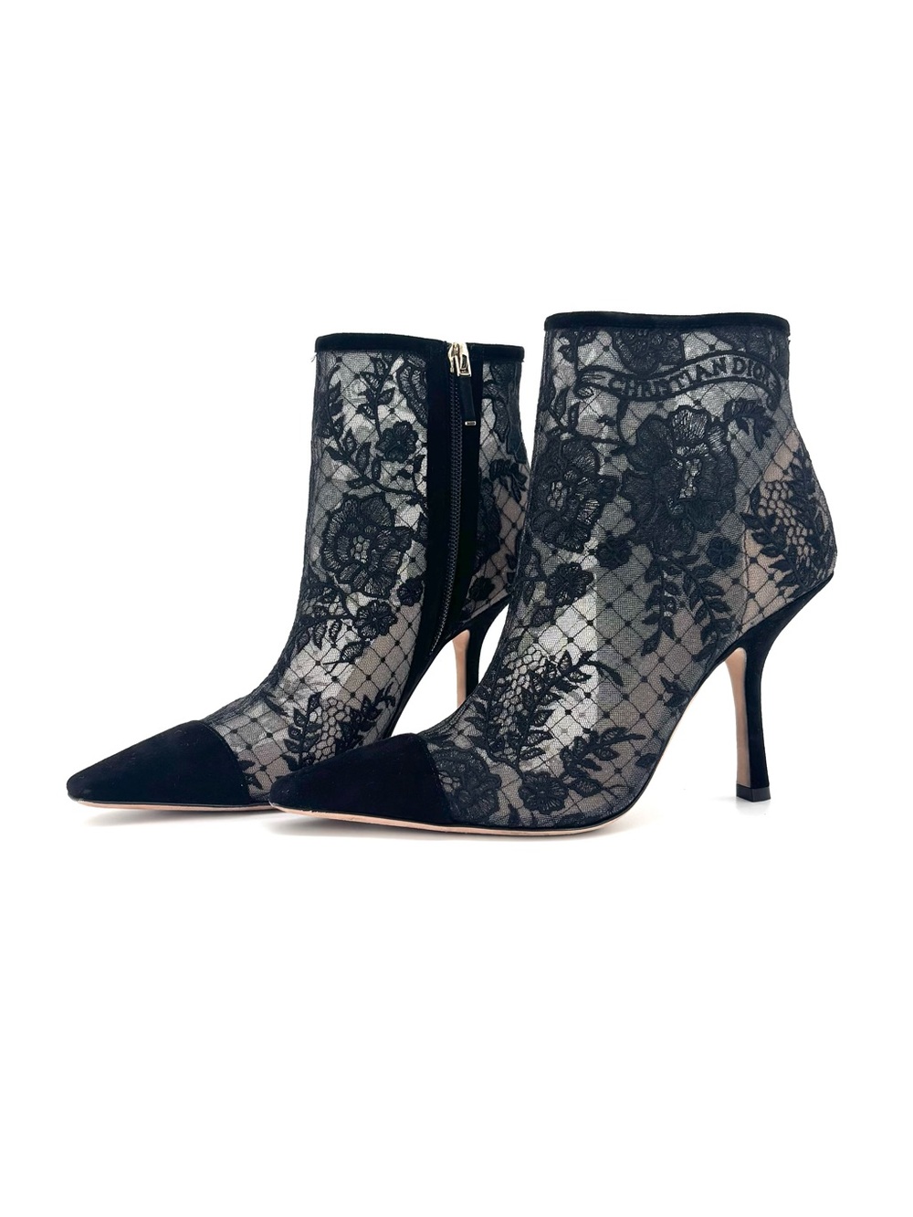 Christian Dior Naughtily D Transparent Mesh Floral Embroidered Heeled Boots 38